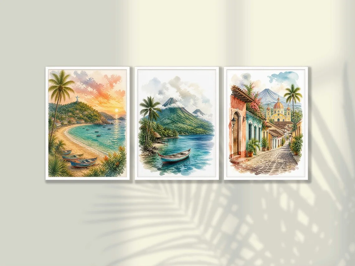 Nicaragua Wall Art Set of 3 - Watercolor Beach and Volcano Prints, Colorful Colonial Street Posters, Tropical Decor