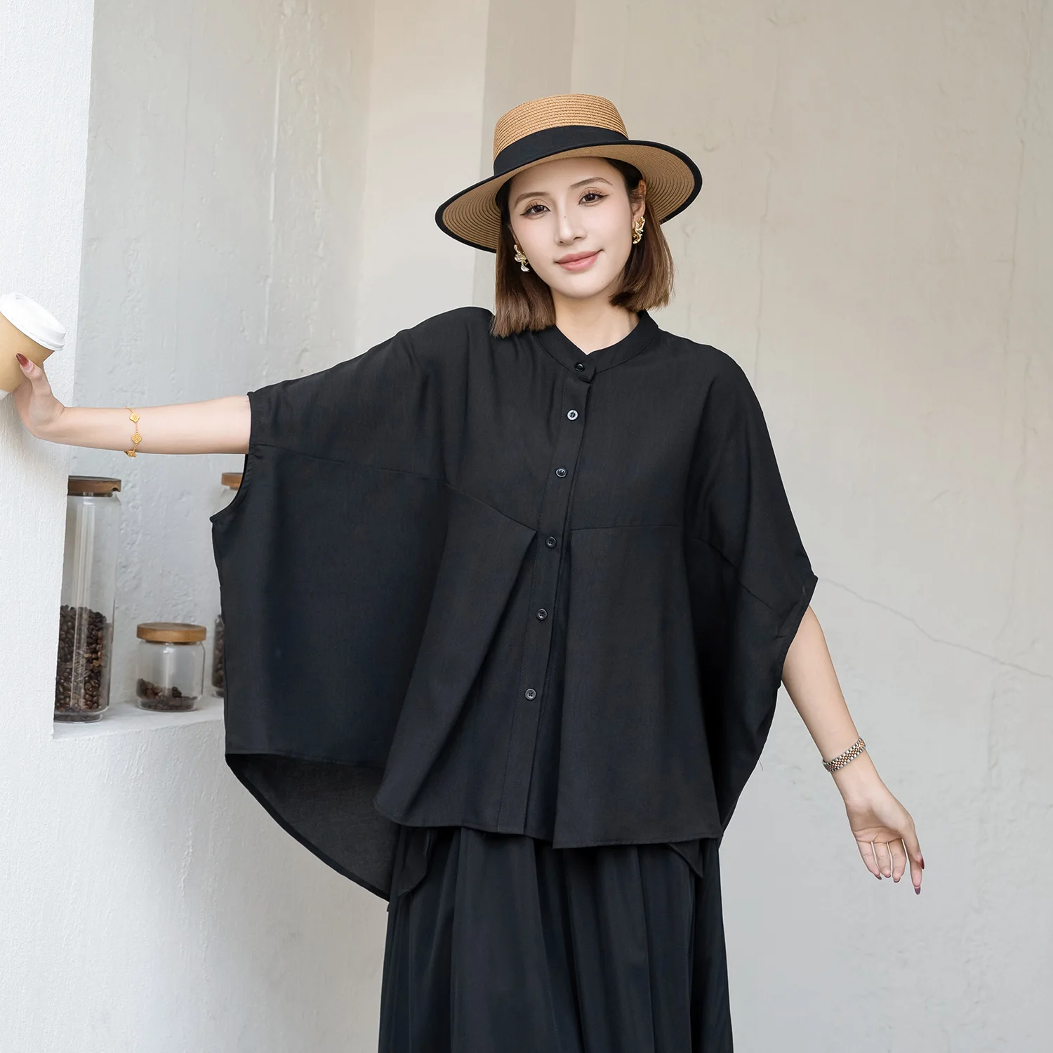 

SuperAen Japan style Retro Fashion Summer New Shirt Asymmetrical Solid Color Batwing Sleeves Oversized Casual Tops