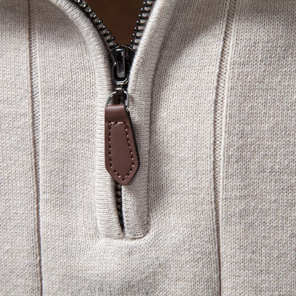 AIOPESON Herren Baumwolle Einfarbiger Casual Pullover mit Halbem Reißverschluss, Stehkragen, Gerippter Strickpullover, Herbst Winter Herren Langarm Slim Fit – Detail 11