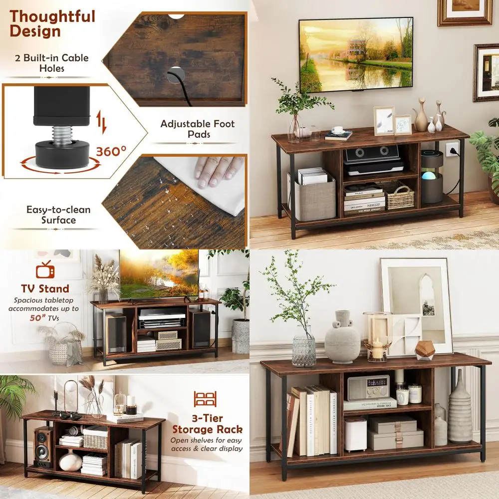 

Rustic Brown 3-Tier TV Stand with Power Outlet, 42 Long Entertainment Center for TVs up to 50