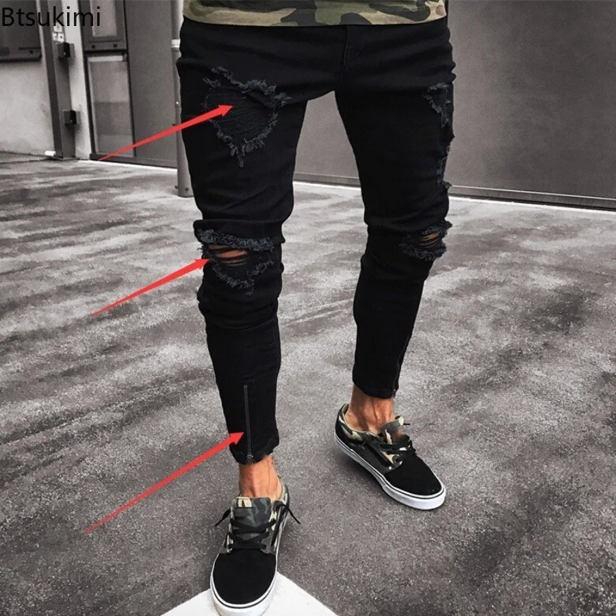 Street Punk Style Ripped Skinny Jeans Men's Vintage Wash Solid Denim Pants Elastic Broken Holes Casual Slim Pencil Pants for Men