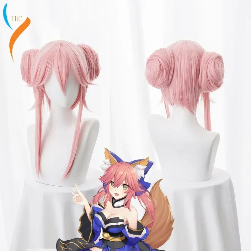 2023 New FGO Fate Grand Order Extra Cosplay Wig Servant Caster Tamamo no Mae Curly Pink Ponytails Synthetic Hair for Adult