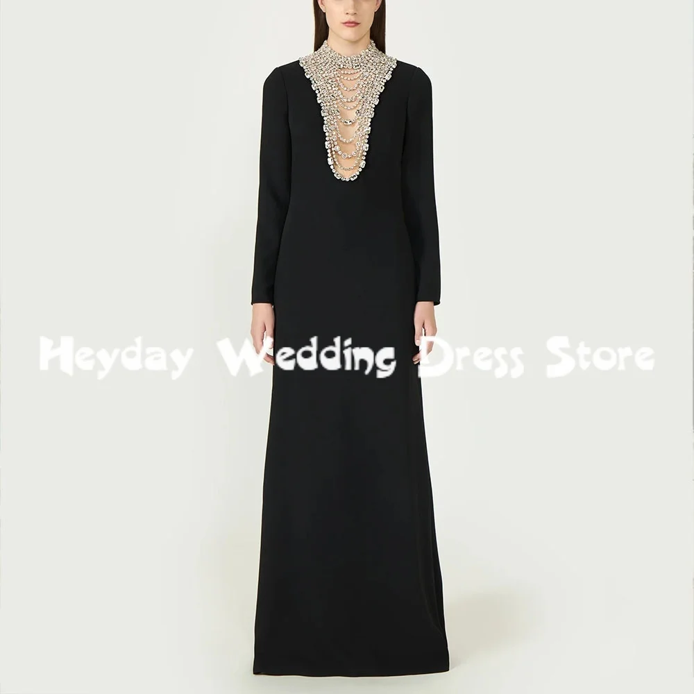 

Heyday Women's O-neck Straight Beaded Saudi Evening Dresses With Long Sleeves Floor-Length Formal Elegant Party Dresses 2025