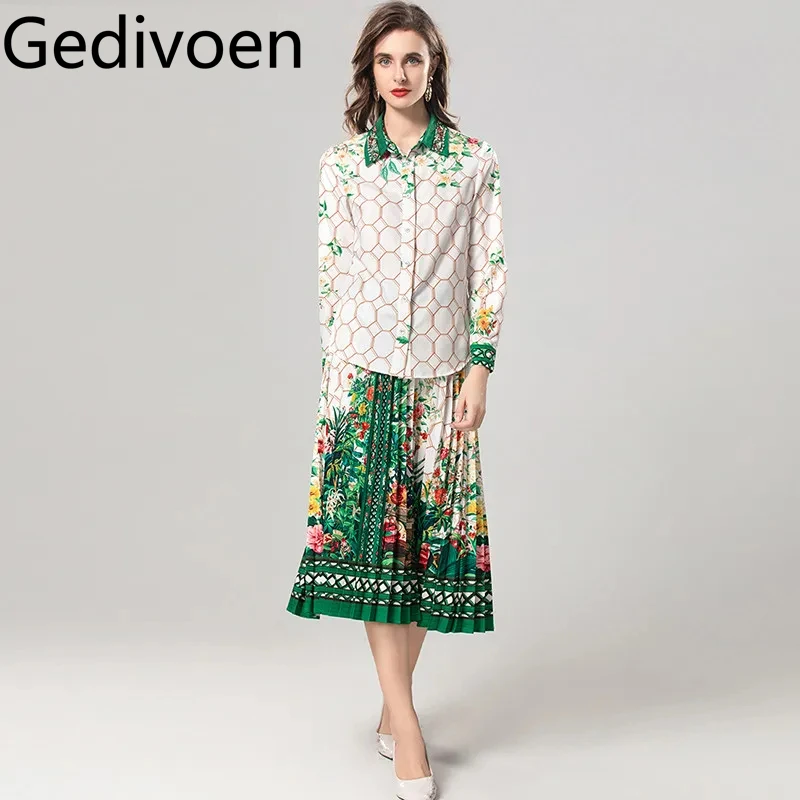 Gedivoen Autumn and Winter Women's Suit Turn-Down Collar Crystal Border Single-Breasted Tops+Casual Pleated Skirt 2 piece set