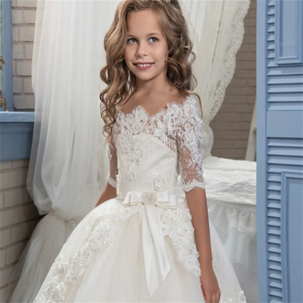 Novos vestidos de primeira comunhão meia manga renda impressa vestido de princesa branco anjo flor menina dama de honra casamento sonho crianças presente