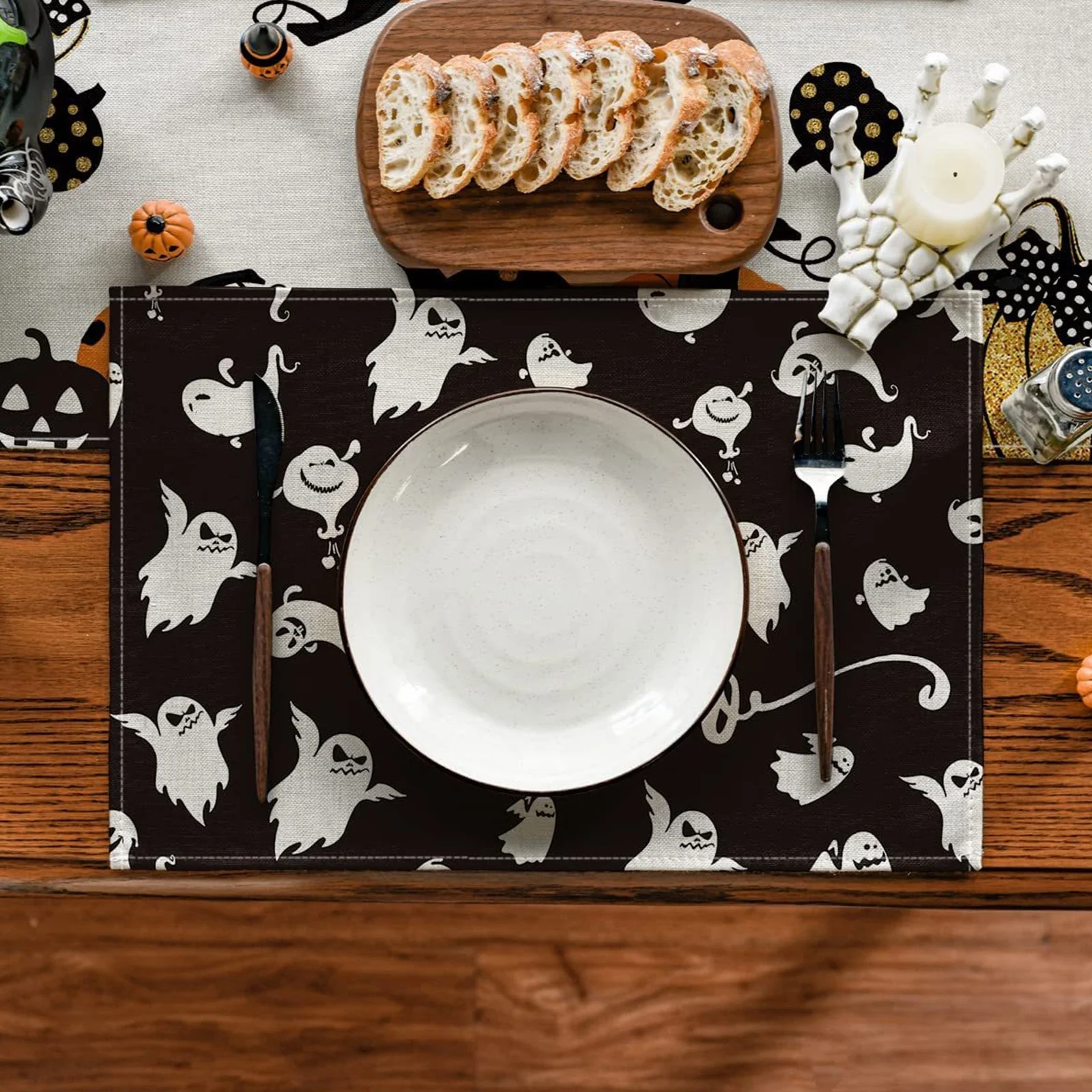 

12x16 Inch Black Ghost Placemats Spooky Halloween Table Mats, Day Of The Dead Tablecloth For Dining Decoration Party Supplies