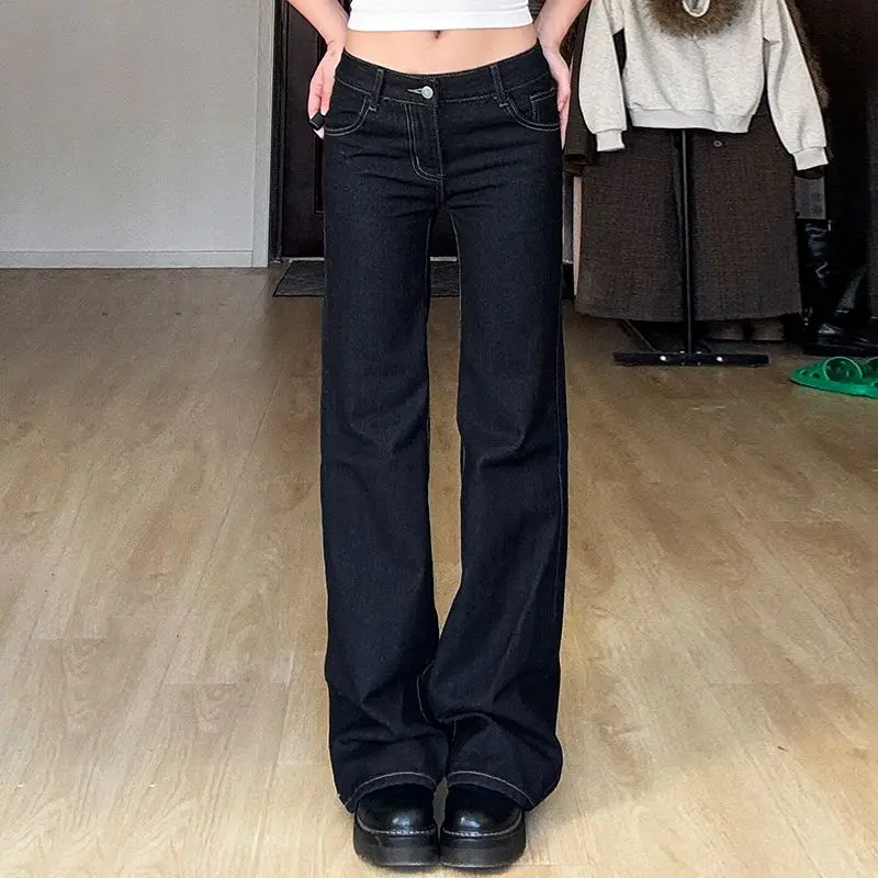 American Basic Cowboy Straight Leg Pants Female Solid Color Korean Y2k Low Waist Spicy Girl Retro Baggy Casual Wide Leg Trouser