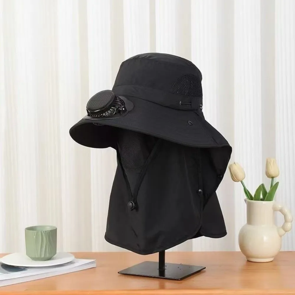 Portable Solar Rechargeable Fan Hat Long-lasting with Face Cover Fishing Sun Shading Hat Adjustable 1000mA Wide Brim Fan Hat
