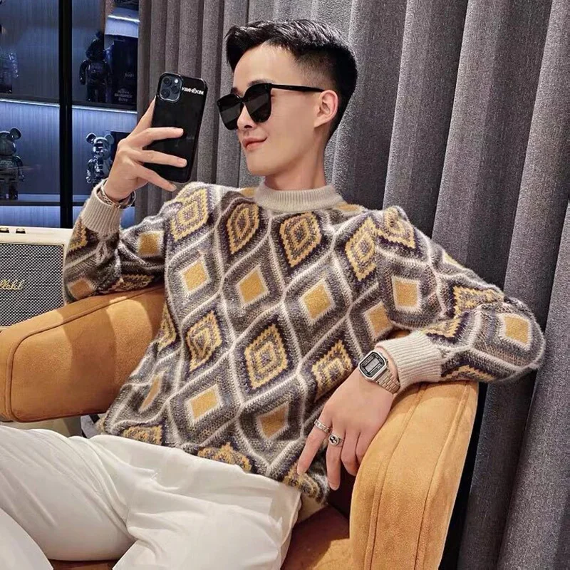 

Fashion O-Neck Knitted Spliced Printed Korean Sweater Men's Clothing Autumn New Oversized Casual Pullovers Loose Warm Tops