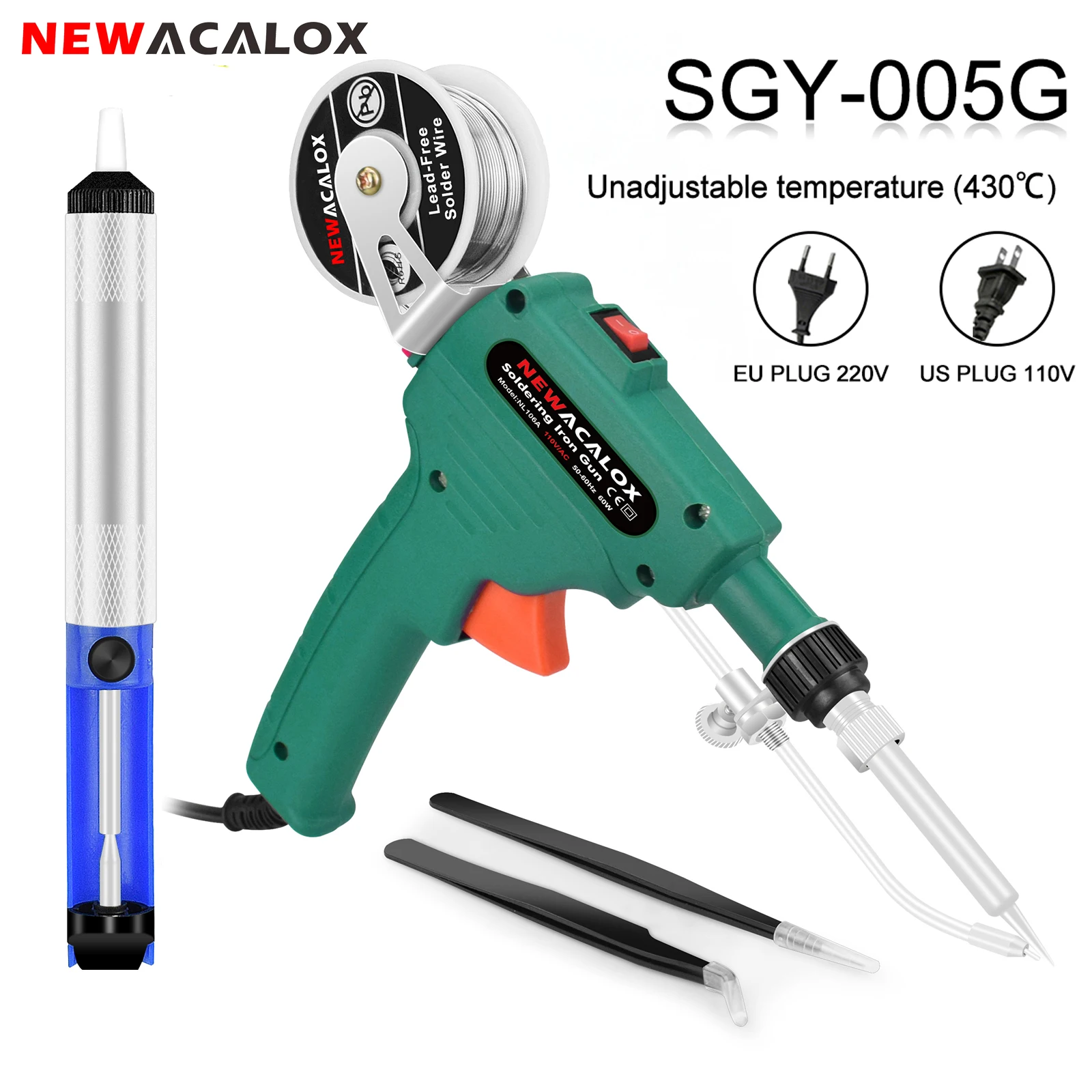 

NEWACALOX Soldering Iron Kit 60W 110V/22V Automatic Soldering Gun with Ceramic Heater,Solder Wire, Desoldering Pump, Tweezers