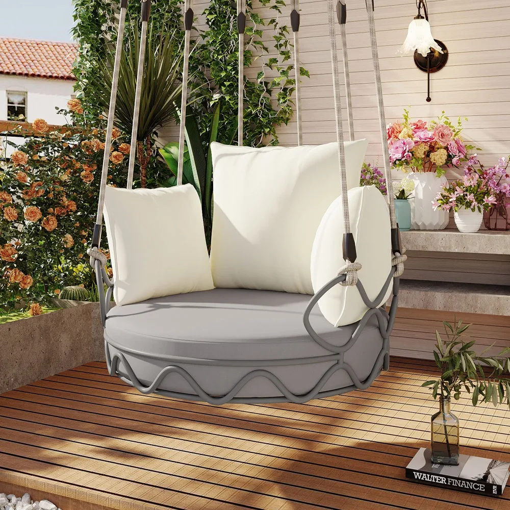 

Outdoor Porch Swing Chair Hanging Basket, Hanging Chair with UV Resistant Cushion, Olefin Fabric for Patio Porch, Balcony, Beige