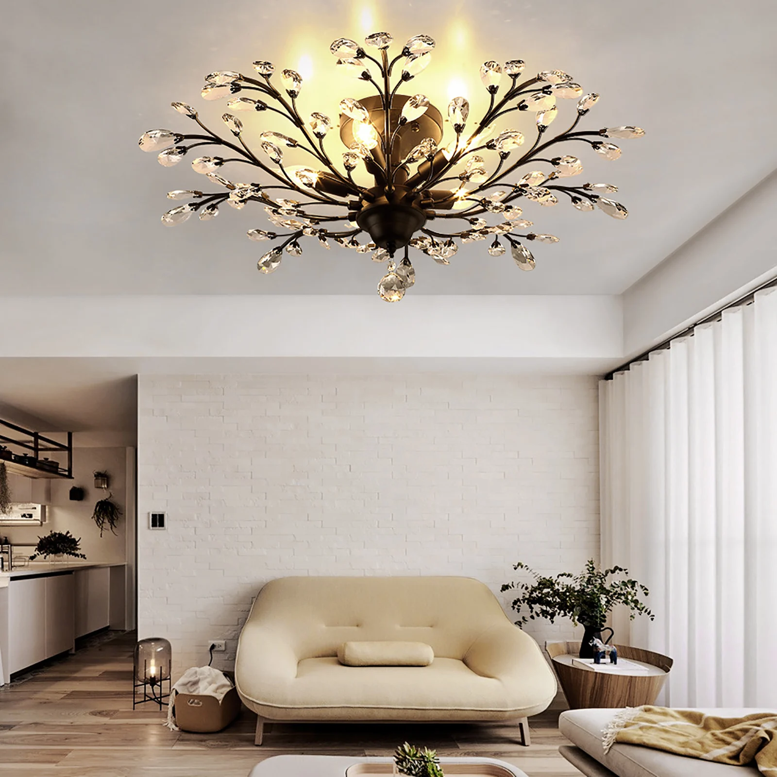 Modern K9 Crystal Metal Branches Led Ceiling Lights French Villa Ceiling Lamp Shade Living Room Bedroom Decor Lighting Fixture