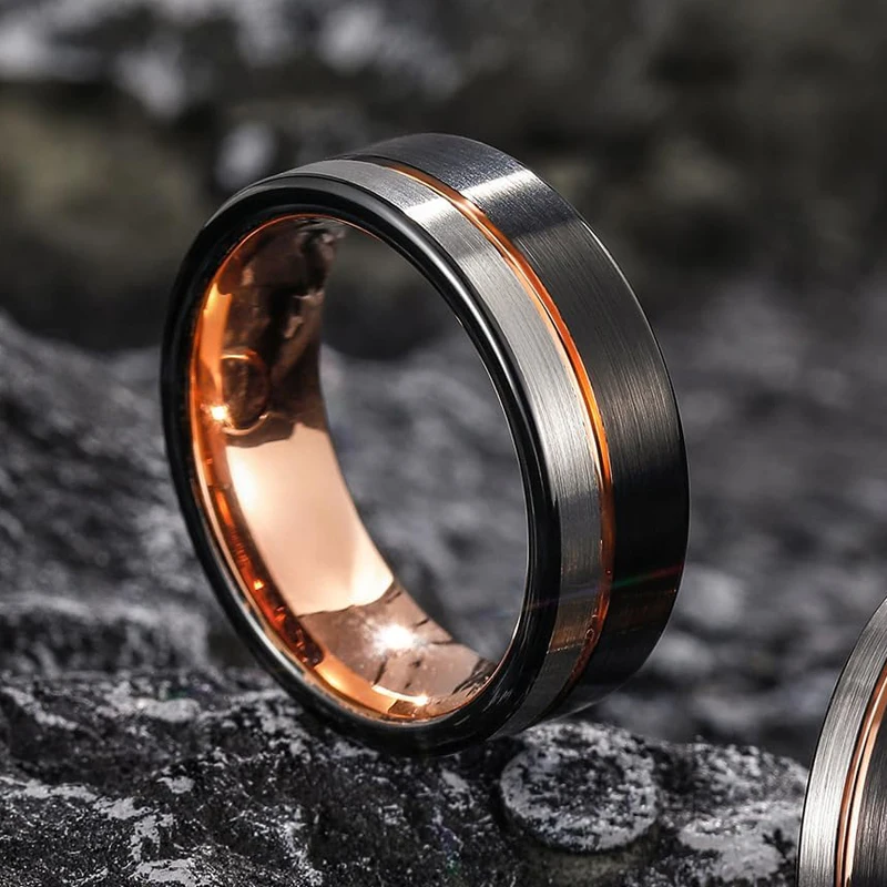 Somen Rings Men 8/6mm Tungsten Ring Black Brushed With Rose Gold Color Wedding Band Engagement Ring Men's Jewelry Bague Homme