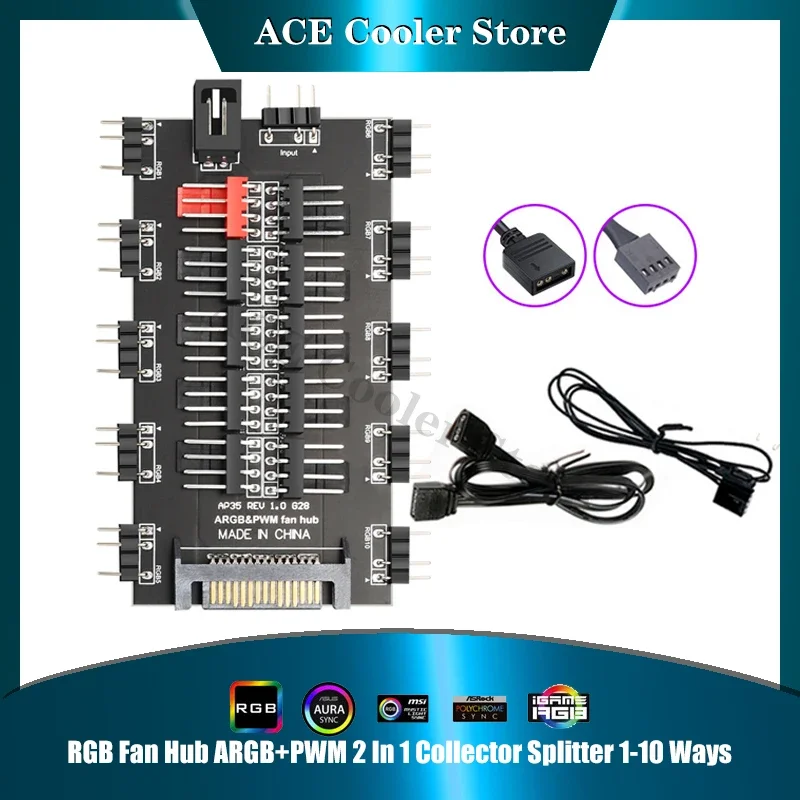 

RGB Fan Hub ARGB PWM Collector 2 в 1 Разветвитель 10-полосный MB 5V 3-контактный RGB AURA SYNC, SATA Power LED Strip Light PC RGB Fan Cooler