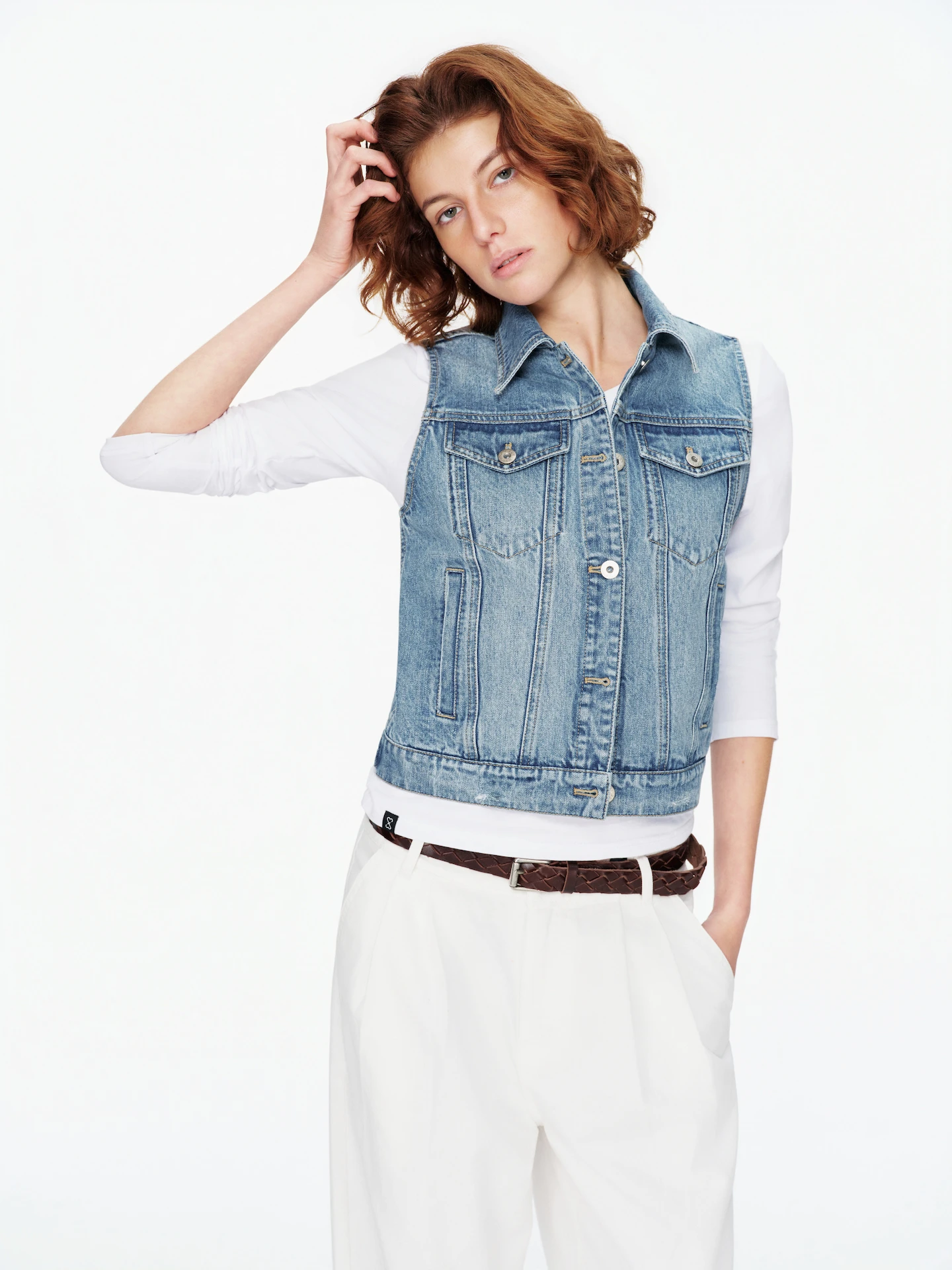 

Ретро-жилет из синего денима для женщин, приталенный, повседневный, 100% хлопок, модная верхняя одежда, качество класса B N8M26SS4