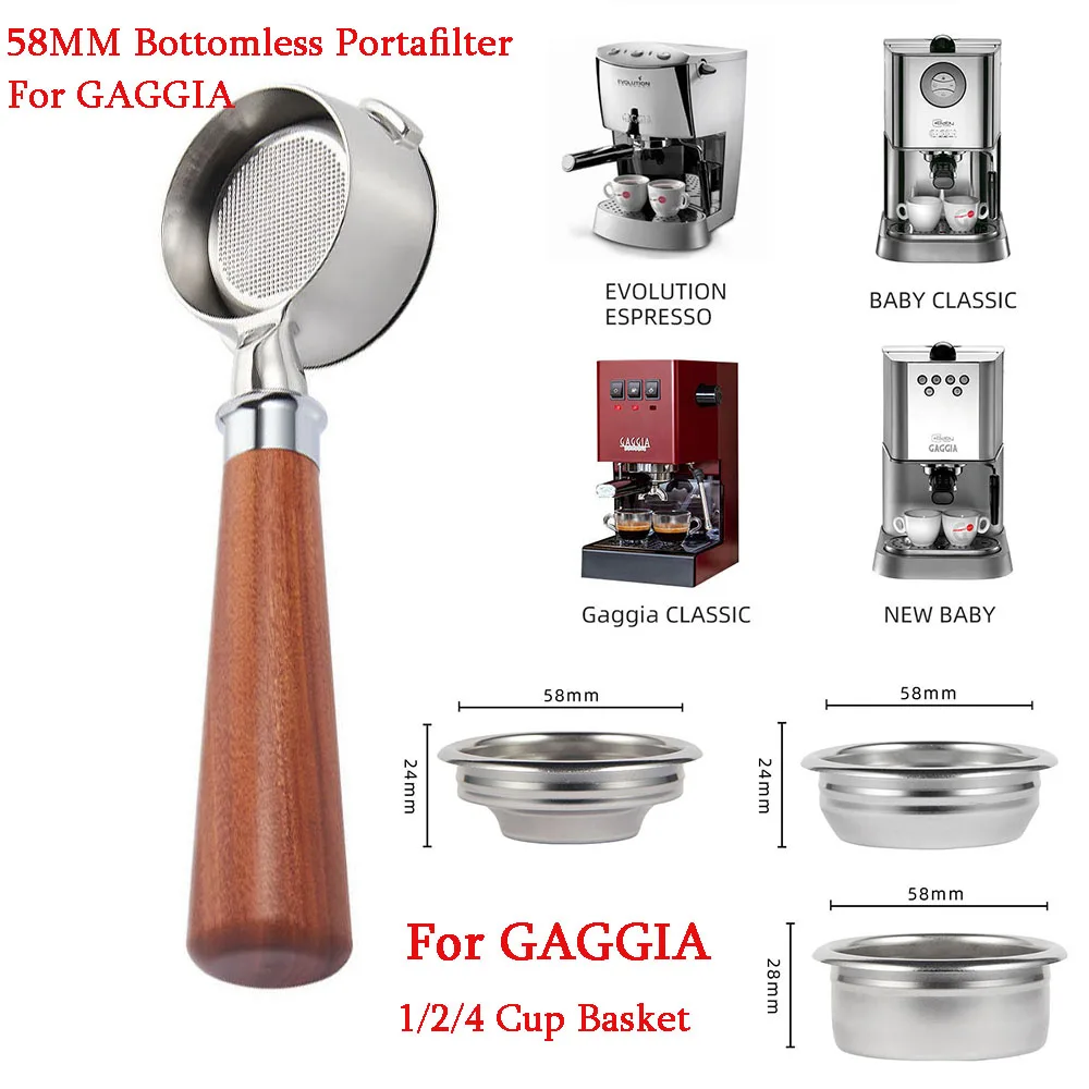 

58MM Bottomless Naked Portafilter Solid Wood Coffee Handle Espresso Machine Replacement Filter With 1/2/4 Basket For GAGGIA