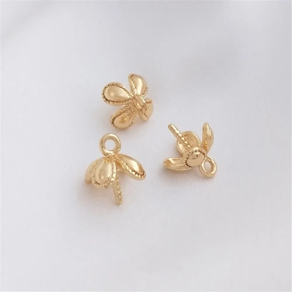 14K Gold Plated Four-leaf clover flower holder half hole crystal pearl pendant holder Handmade sticky bead accessories