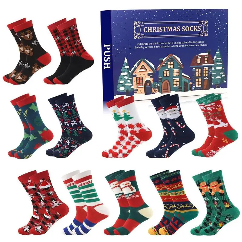 

12 Days Christmas Advent Calendar Socks Christmas Countdown Calendar 2024 Holiday Favor Cute Cartoon Stockings for Christmas