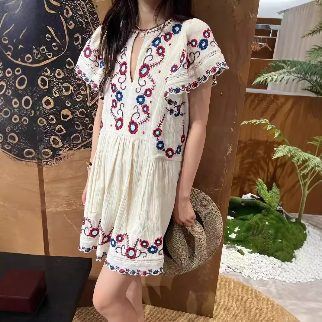 

Sezanes 2025 Fashion New French Summer Vintage Ethnic Style Embroidery Flower V-Neck Flying Sleeve Short Dress Women
