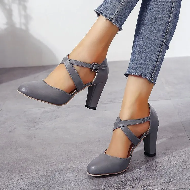 Women High Heels Shoes 2023 Autumn New Round Toe Chunky Heel Casual Platform Women\'s Shoes Female Belt Buckle