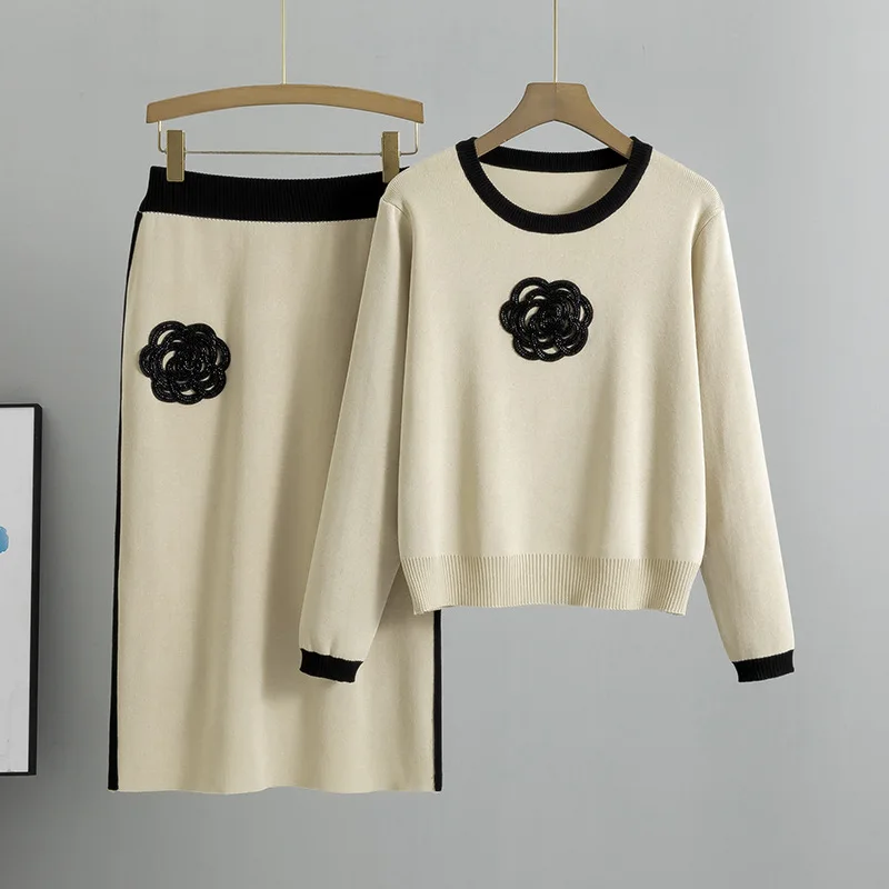 Damen Colorblock Kamelien-Strickpullover mit Rundhalsausschnitt und Bodycon-Rock, Elegantes Zweiteiler-Set für den Arbeitsalltag, Schlankmachend und Bequem