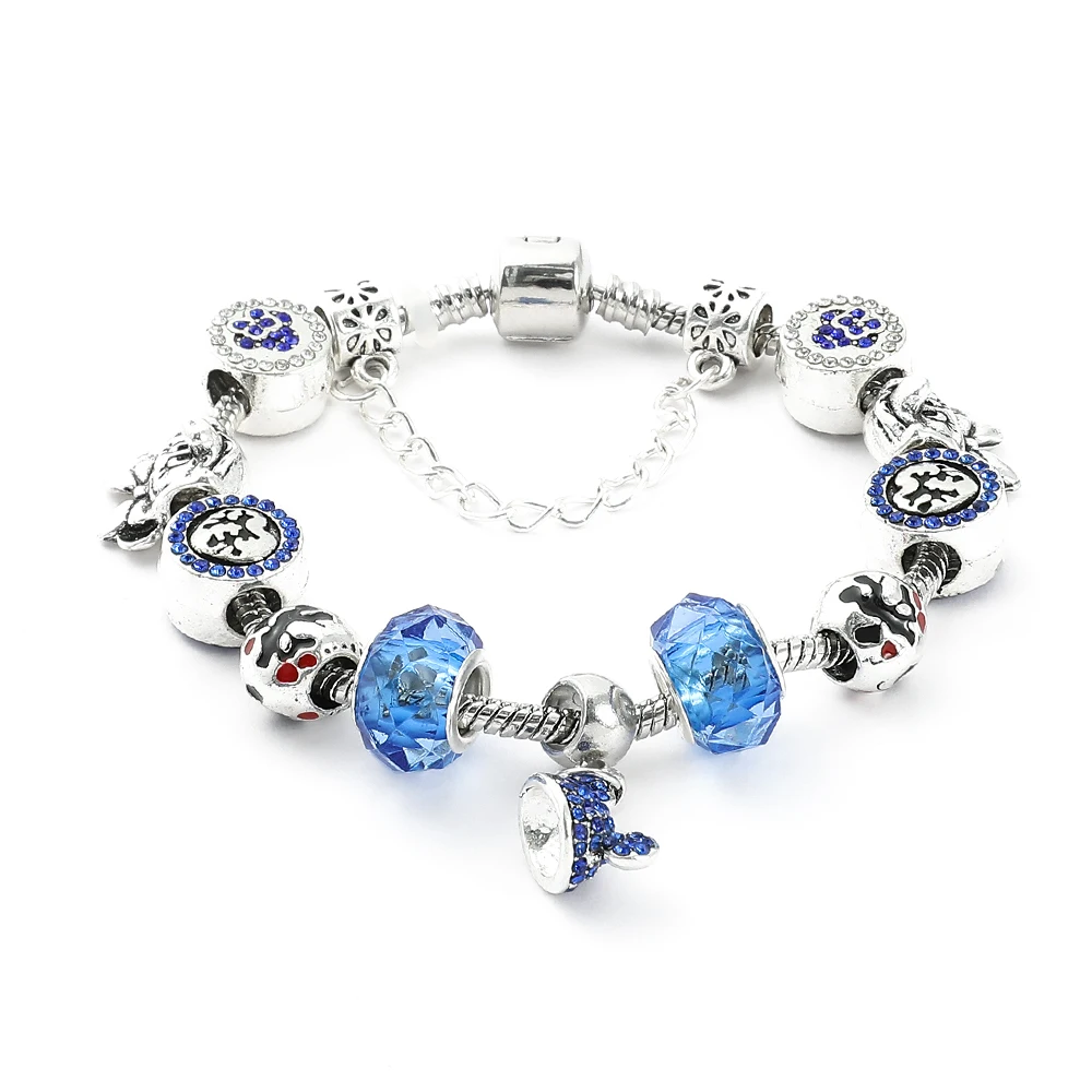 Hot Sale Disney DIY Mickey Pendant Blue Crystal Bracelet  Minnie Mouse Cartoon Silver Plated Bead Charms Bangle Jewelry Gifts