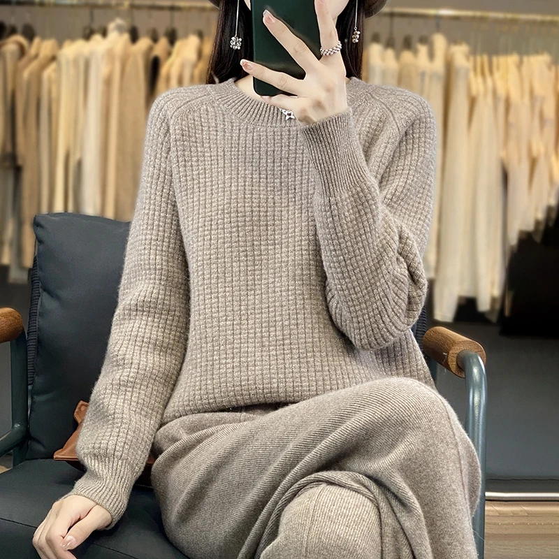 Women's Clothing Mid-Waist Knitwear Set round Neck Sweater And Pants Thick Warm 2-Piece Autumn Winter 100% Merino Wool Ensemble