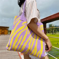 Trend Zebra Pattern Crochet Bag, Large Capacity Women Handbag Shoulder Bag, Simple Knitted Tote Bag for Teen Women Girls