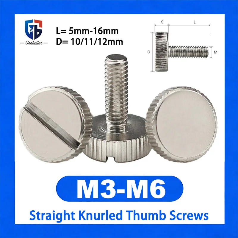 10Pcs M3-M6 Carbon Steel Straight Knurled Thumb Screws Slotted Flat Head Hand Tighten Adjustment Bolts for Machinery Fasteners