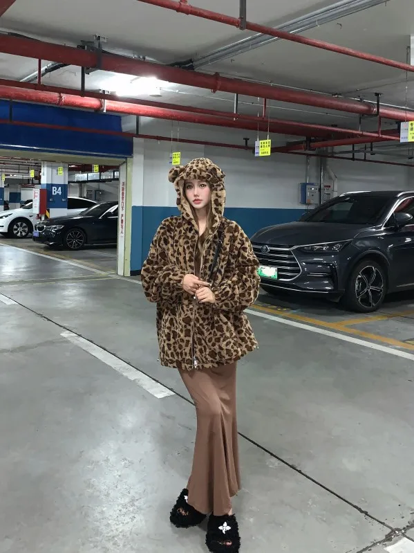 Leopard Print Plush Coat Autumn Winter New Fashion Bear Ears Preppy Style Thick Sweet Cute Cotton Clothing Kawaii Warm Jackets