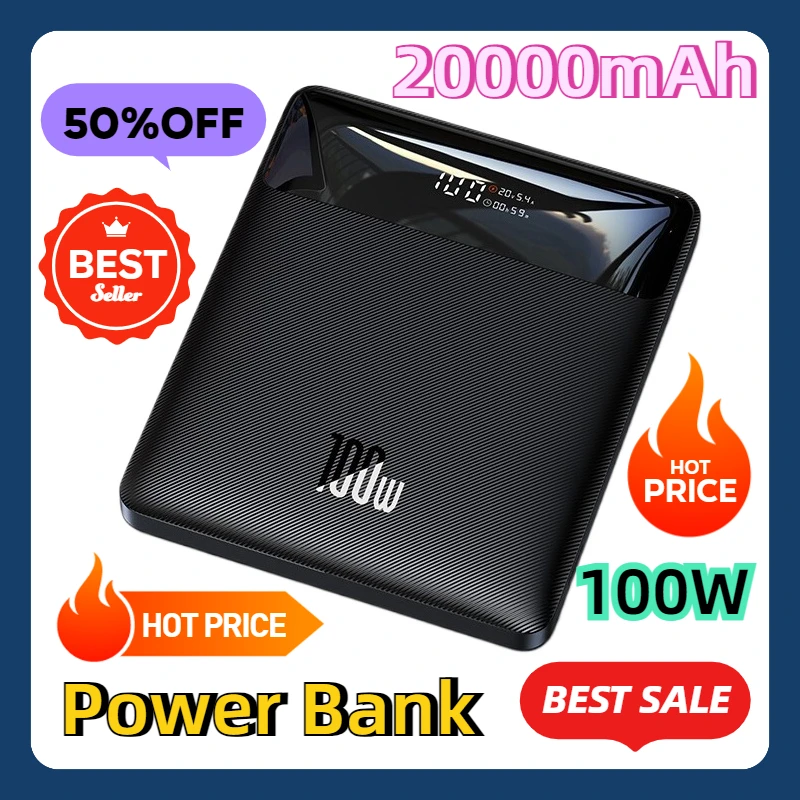 For Laptop 100W Power Bank 20000mAh Type C PD Fast Charging Powerbank Portable External Battery USB Quick Charge