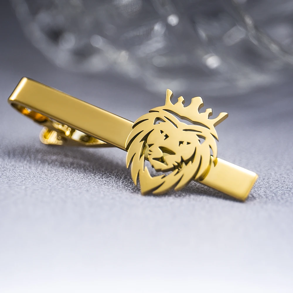 Tangula Punk Crown Lion Tie Clip Stainless Steel Mens Animal Hip Hop Party Accessories Necktie Clamp for Groom Wedding Jewelry