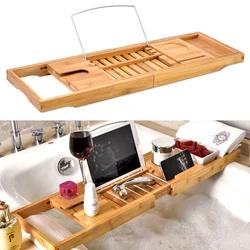 Bamboo Bathtub Rack Multi-function Telescopic Storage Rack Adjustable Wood Bath Tub Organizer BathTub Sink Tray