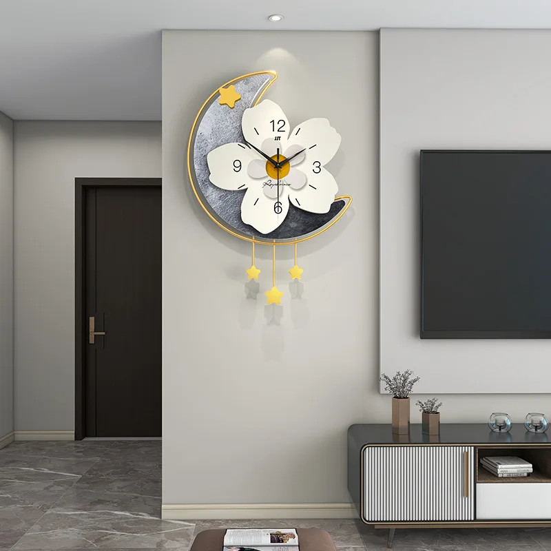 Iron Art Creative Living Room Decorative Silent Sweeping Wall Clock Sakura Flower Moon Stars High Density Dial Plate