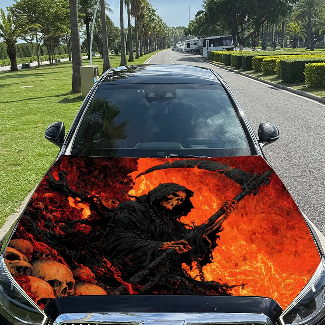 

Red Flame Flame Reaper Pattern Car Hood Stickers, Waterproof Self-adhesive, Scratch Resistant, Easy To Stick, Durable Car PVC St