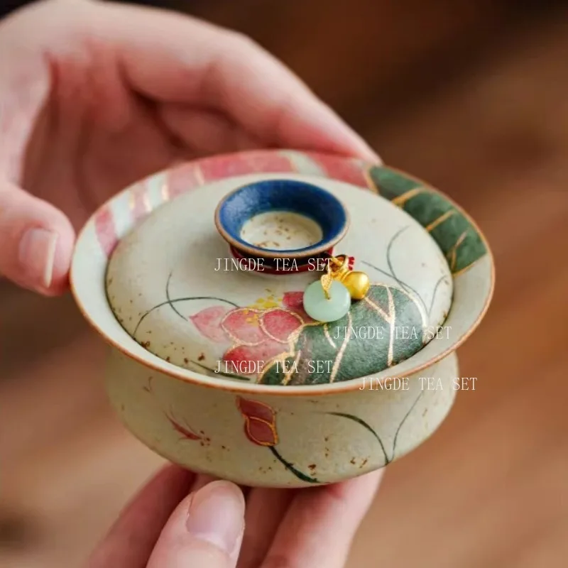 

110ml Blue and White Covered Bowl Ceramic Tea Bowl Hand Drawn Koi and Lotus Leaf Tea Cup Chinese Kung Fu Tea Set Gift Box Set