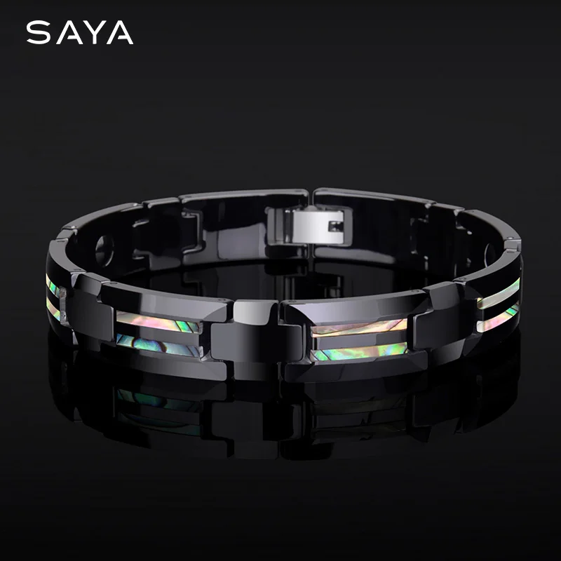 Black Ceramic Bracelets Scratch Proof Inlay Deep Sea Shell and Magnetic Stone for Men Jewelry