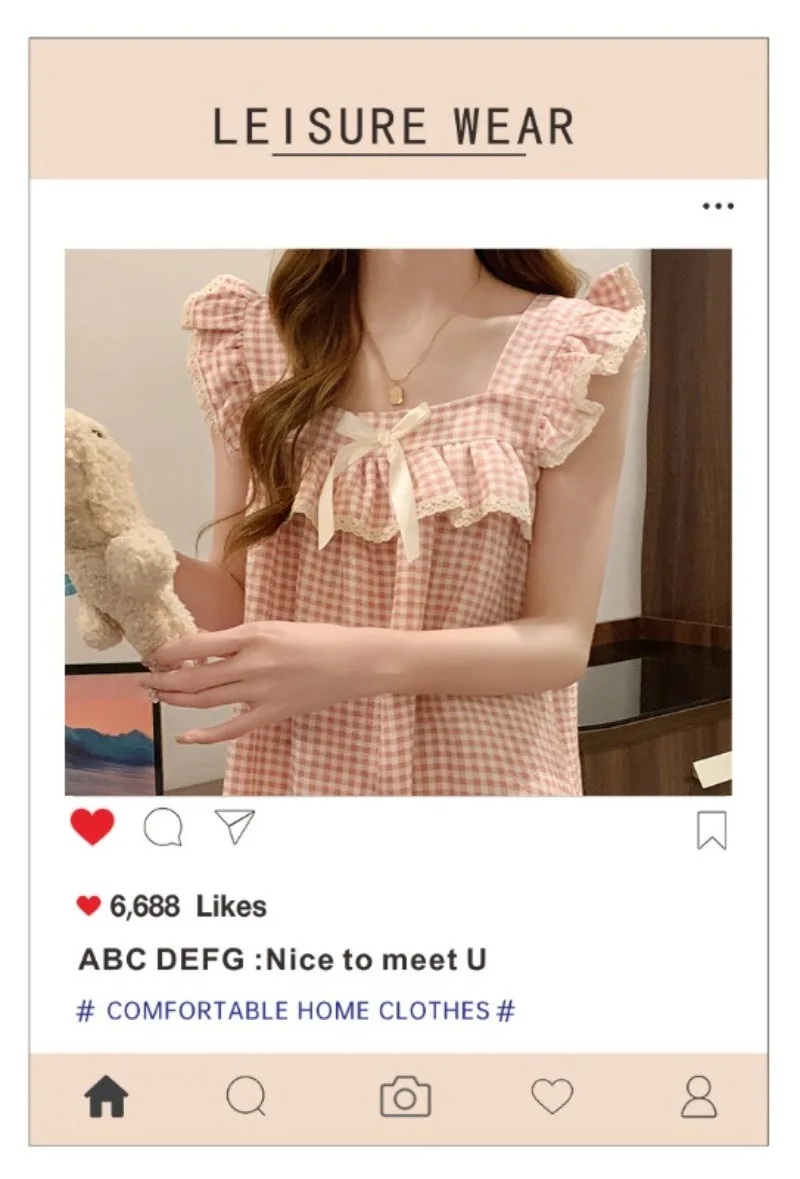 Women Korean Sweet Plaid Bow Design Nightgown with Straps Sleep Dress Cute Summer New Loungewear Y2K Nightgown with Built-in Bra