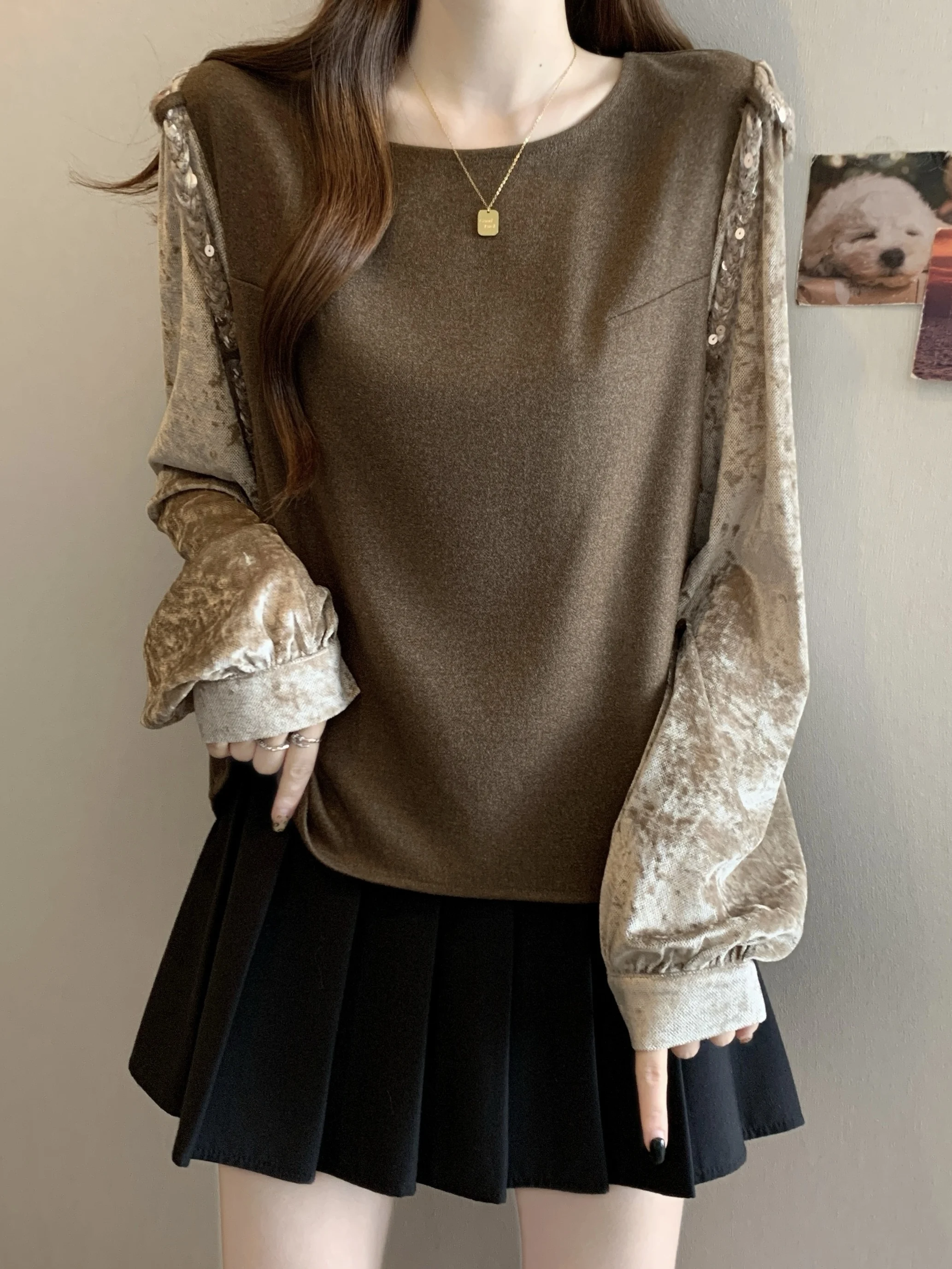 

plus Size Vintage Velvet Patchwork Long Sve round Ne Women's Top Slimming Belly Cover Agel Button up Casual Inner Wear