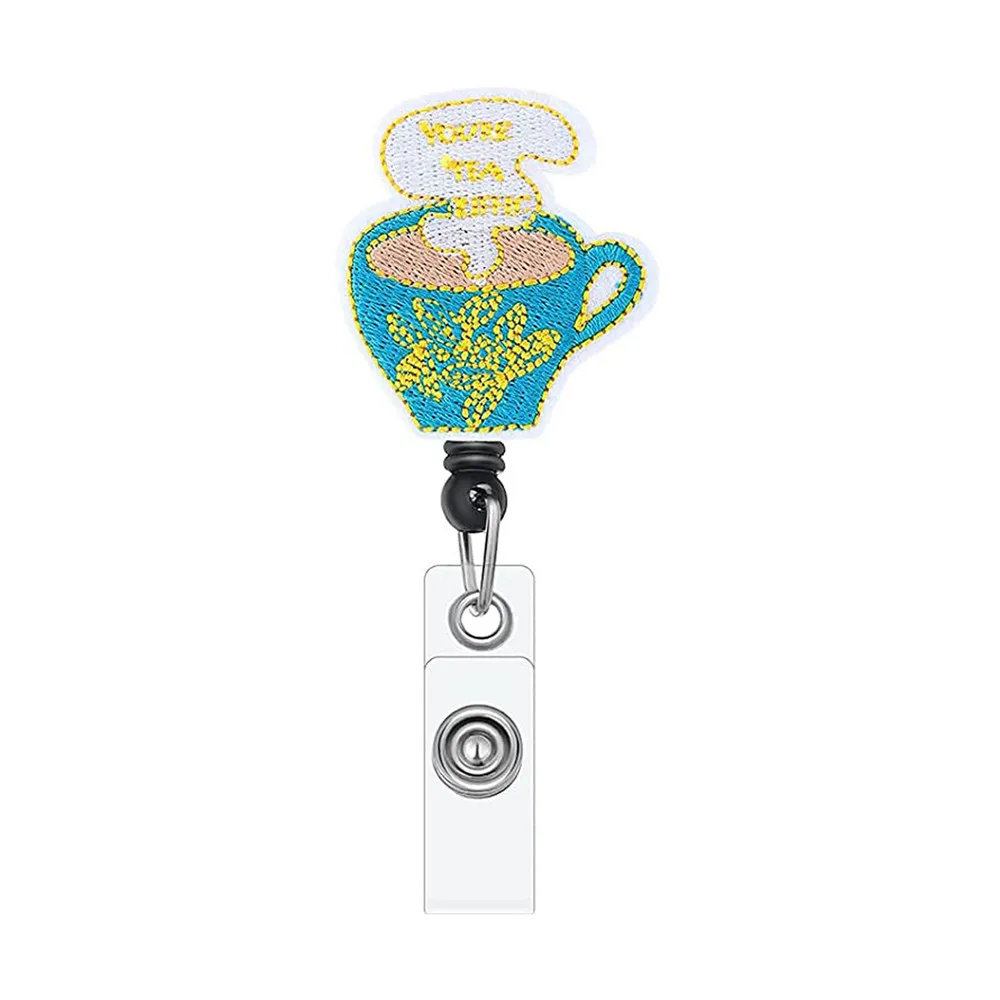 Cartoon Hand-Embroidered Coffee Cup Series Badge Key Chain Rotatable Telescopic Easy-To-Pull Student Work Clip Key Chain