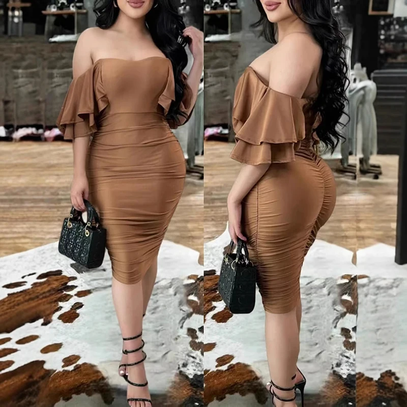 Summer New High Waist Pleated Midi Dress Vintage Pure Color Off Shoulder Evening Dress Sexy Low Cut Shawl Sleeve Wrap Hips Dress