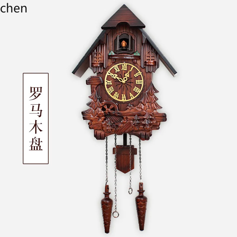 ZML Solid Wood Hand-Carved Wall Clock with Music and Hourly Chime, Creative Swing Clock