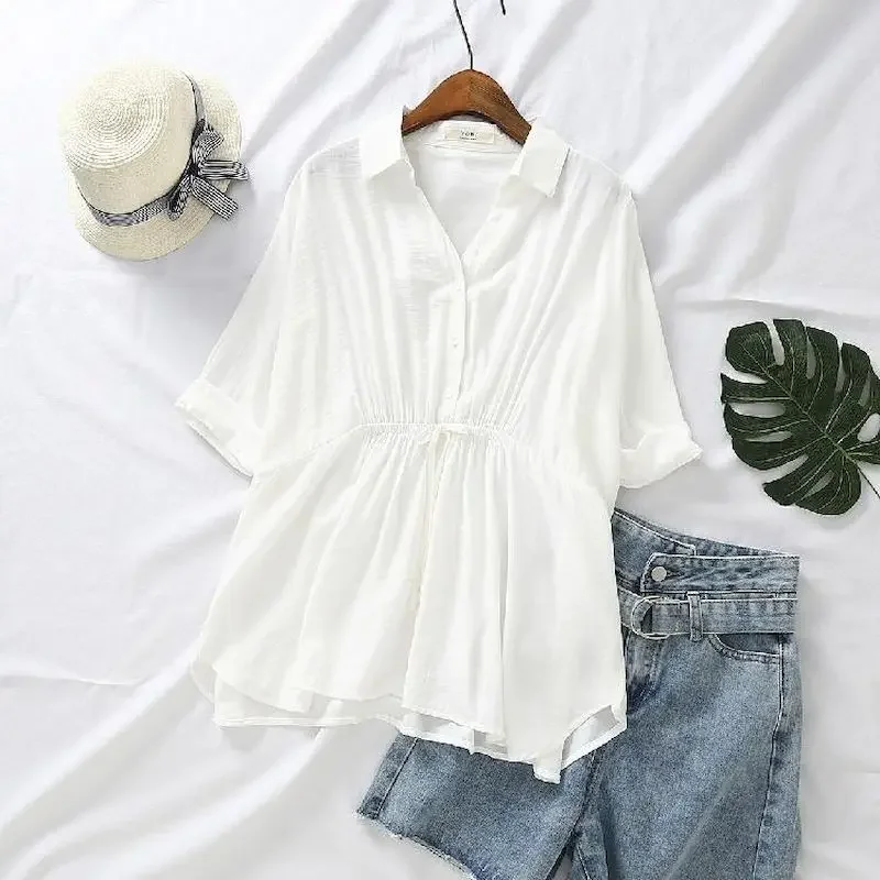 Koreaanse losse blouses damesmode trekkoord v-hals effen kleur korte mouw trui shirt zomer trend slanke dunne drop blouse