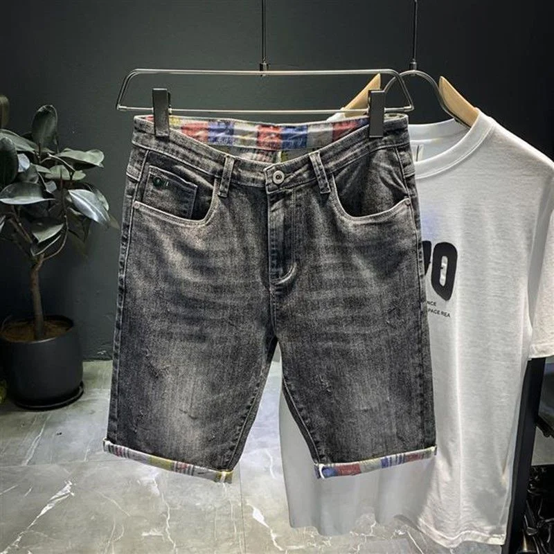 Half Male Denim Shorts with Text Ripped Multi Color Knee Length Men\'s Short Jeans Pants Graphic Long New In Summer Thin Vintage