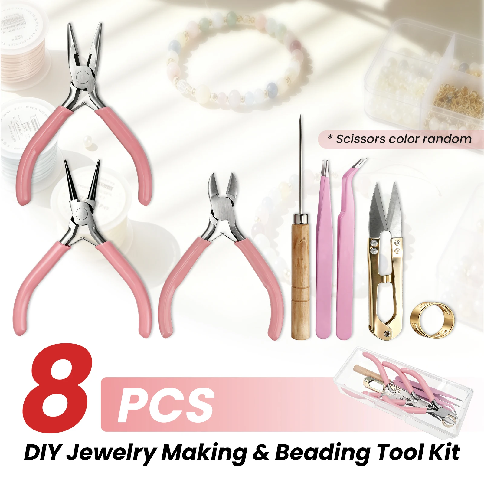 

8pcs Complete Jewelry Making Beading Tool Kit with Pliers Scissors DIY Craft Supplies for Handmade Ornament Accessory Repair