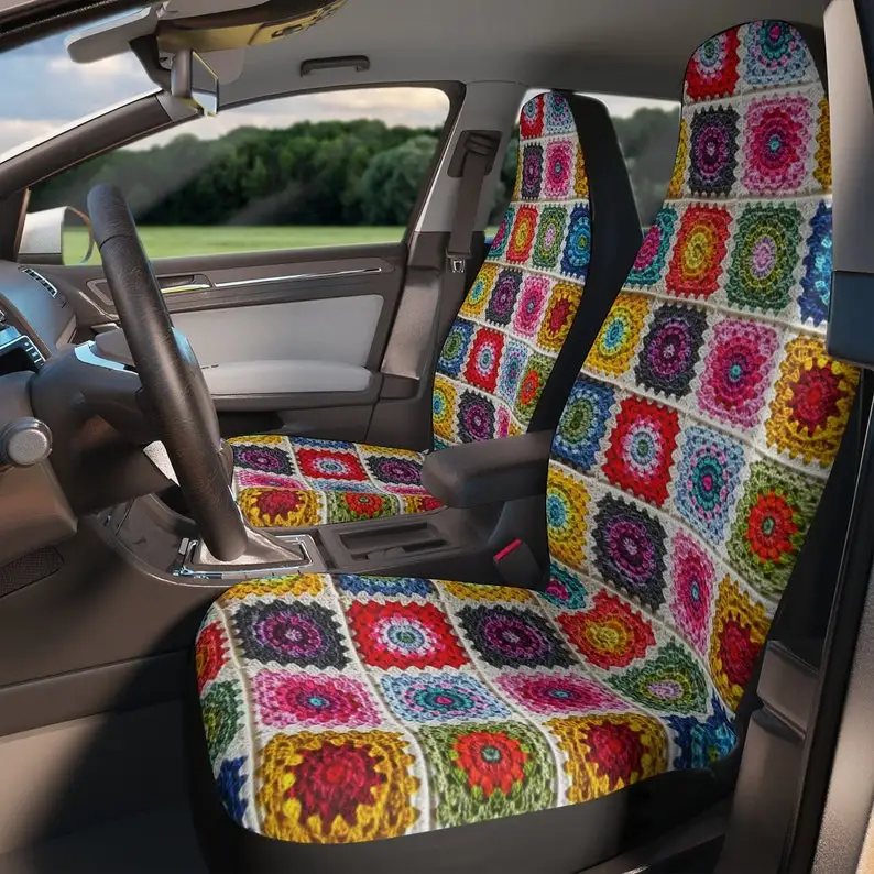 Faux Crochet Granny Squares, Boho Car Seat Covers, boho crochet, car accessory , car interior design, gift for crochet lovers