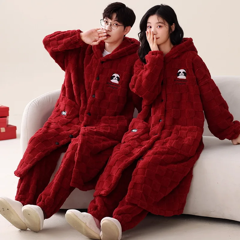 

Winter Couple Pajamas Robe & Pant Women Men Warm Thicken Cartoon Sleepwear Lovers Pyjamas Hoodie pijamas para parejas Dropship