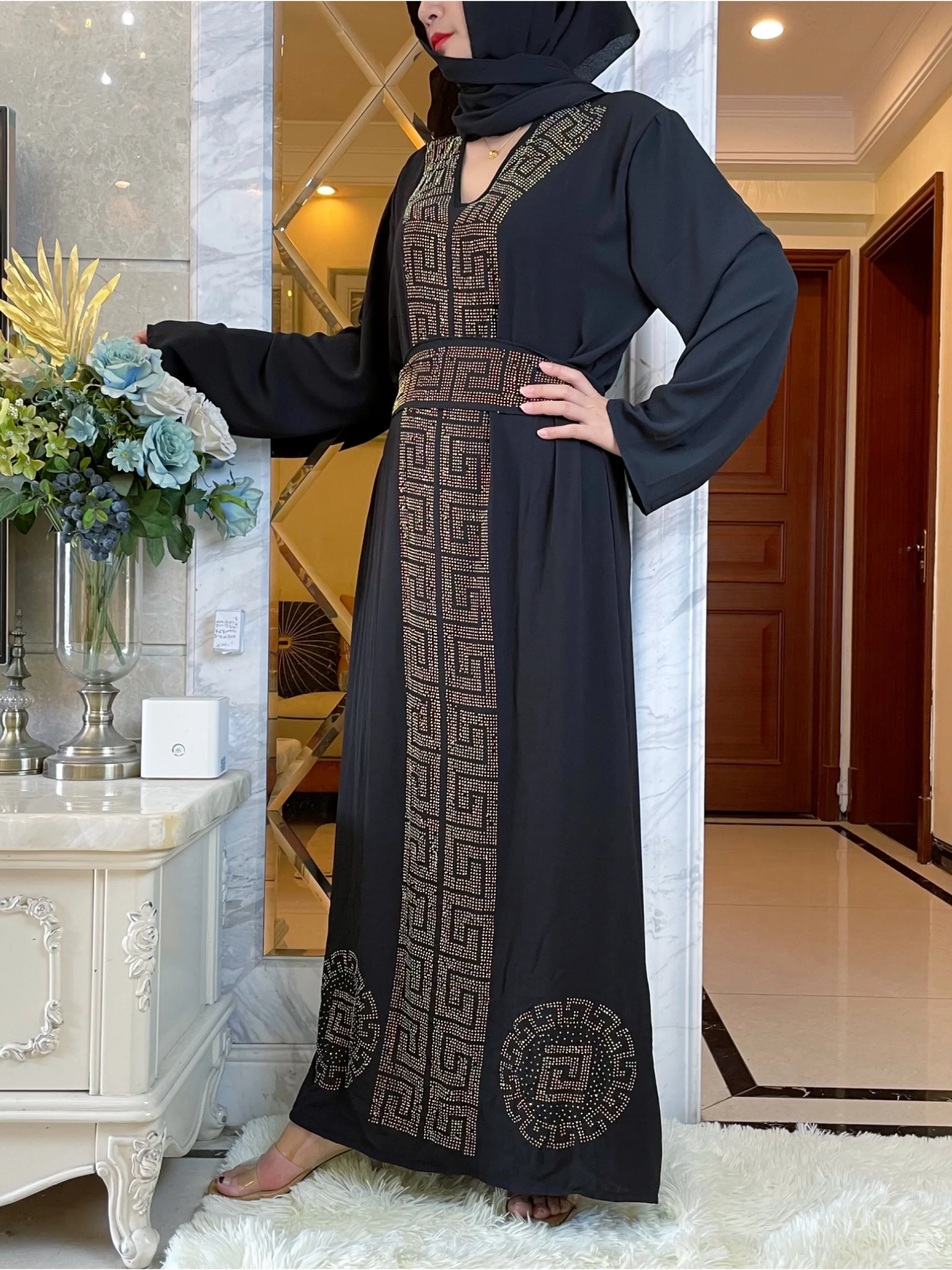 New African Autumn Abaya For Women Dubai Islamic Dress Black Diamonds Long Sleeve  Arab  Muslim Evening Dress Party Clothing