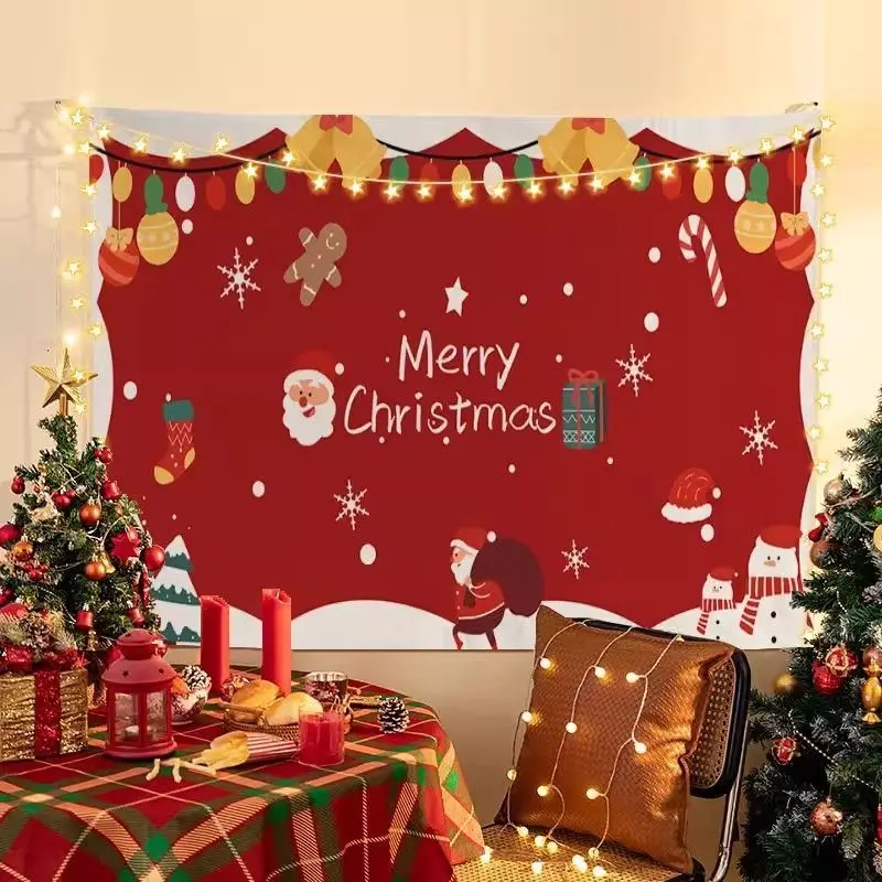 VIKAMA Wall Tapestry Red Merry Christmas Cartoon Santa Snowman Gingerbread Holiday Wall Hanging Home Decor Living Room Bedroom