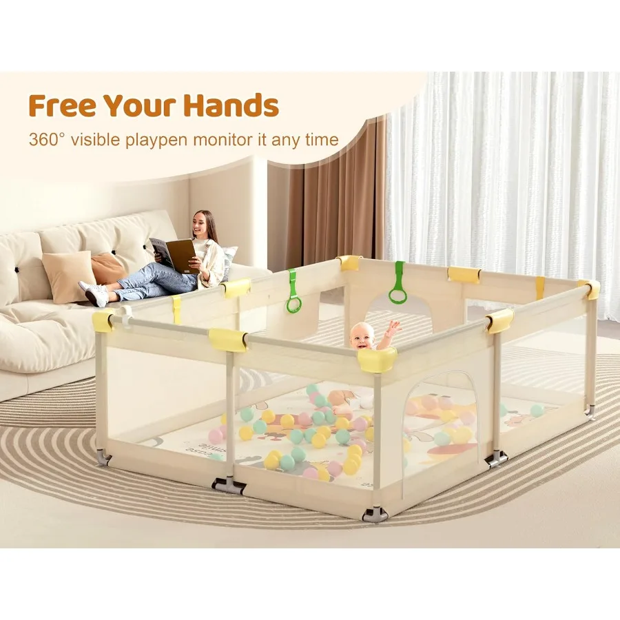 روضة أطفال مع حصيرة، روضة أطفال كبيرة جدًا مقاس 71 × 59 بوصة للأطفال الصغار، ساحة اللعب، لعب سياج الطفل ومنطقة النوم للاستخدام الداخلي والخارجي
